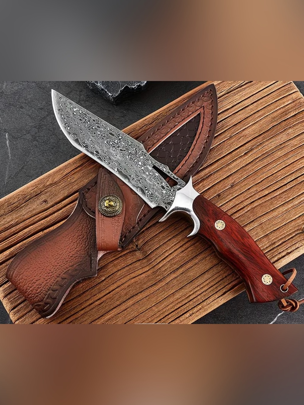 Damascus Steel Hunting Knife with Brown Wood Handle and Custom Leather Sheath